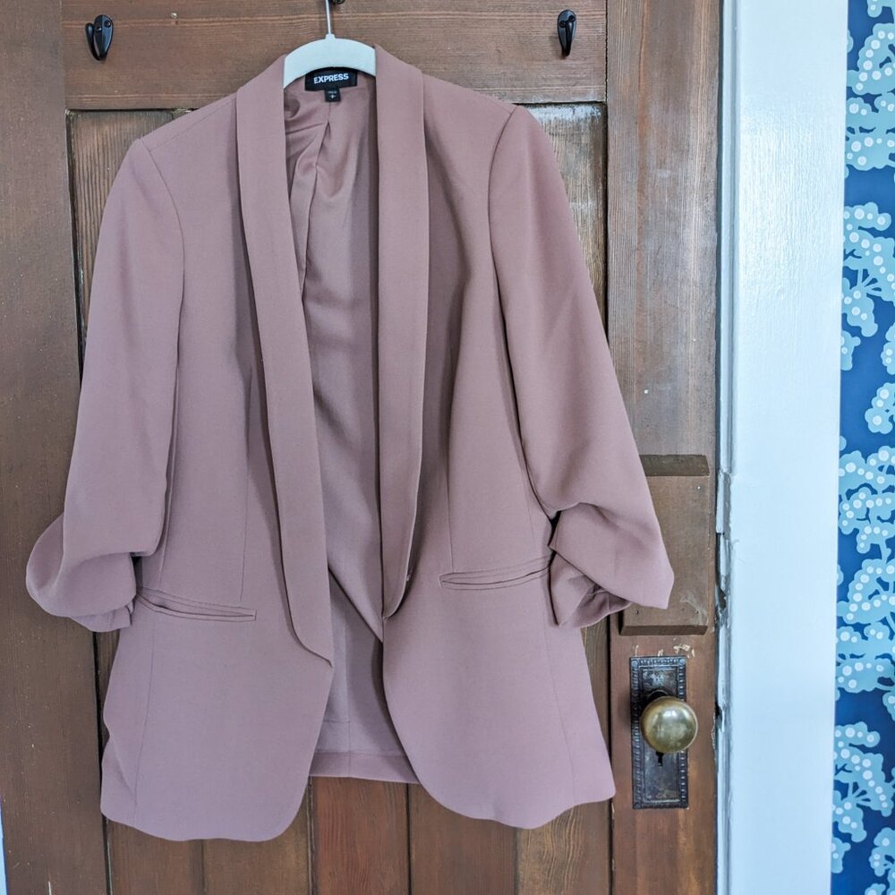 Dusty rose luxe knit open front lapel boyfriend blazer